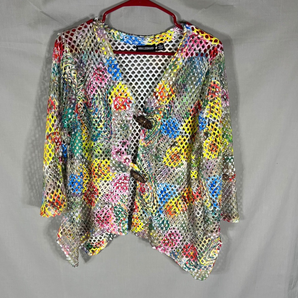 Nina Leonard Cardigan Mesh Floral Multi-Color Womens Large
